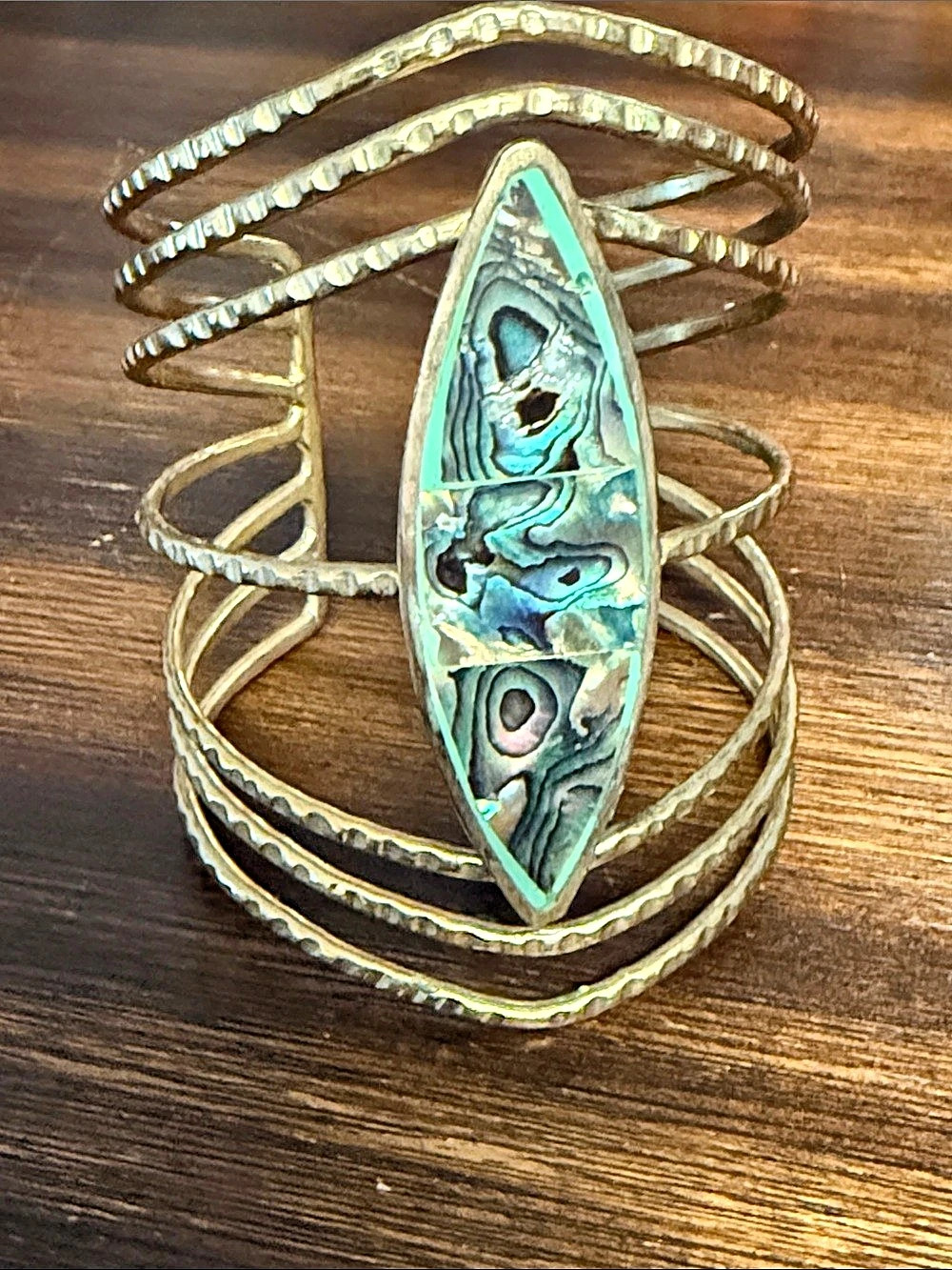 Abalone-Style Statement brass Cuff Bracelet in Gold & Green